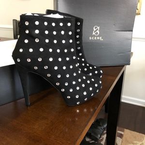 Black suede rhinestone stiletto booties